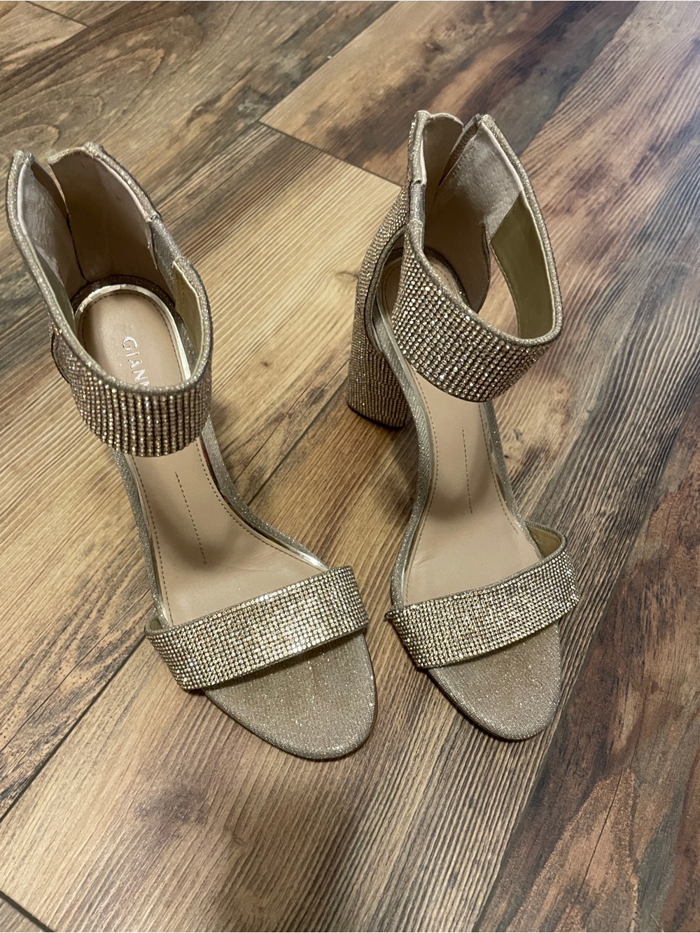 Gianni Bini Champagne Gold Crystal-Strap Block Heels
